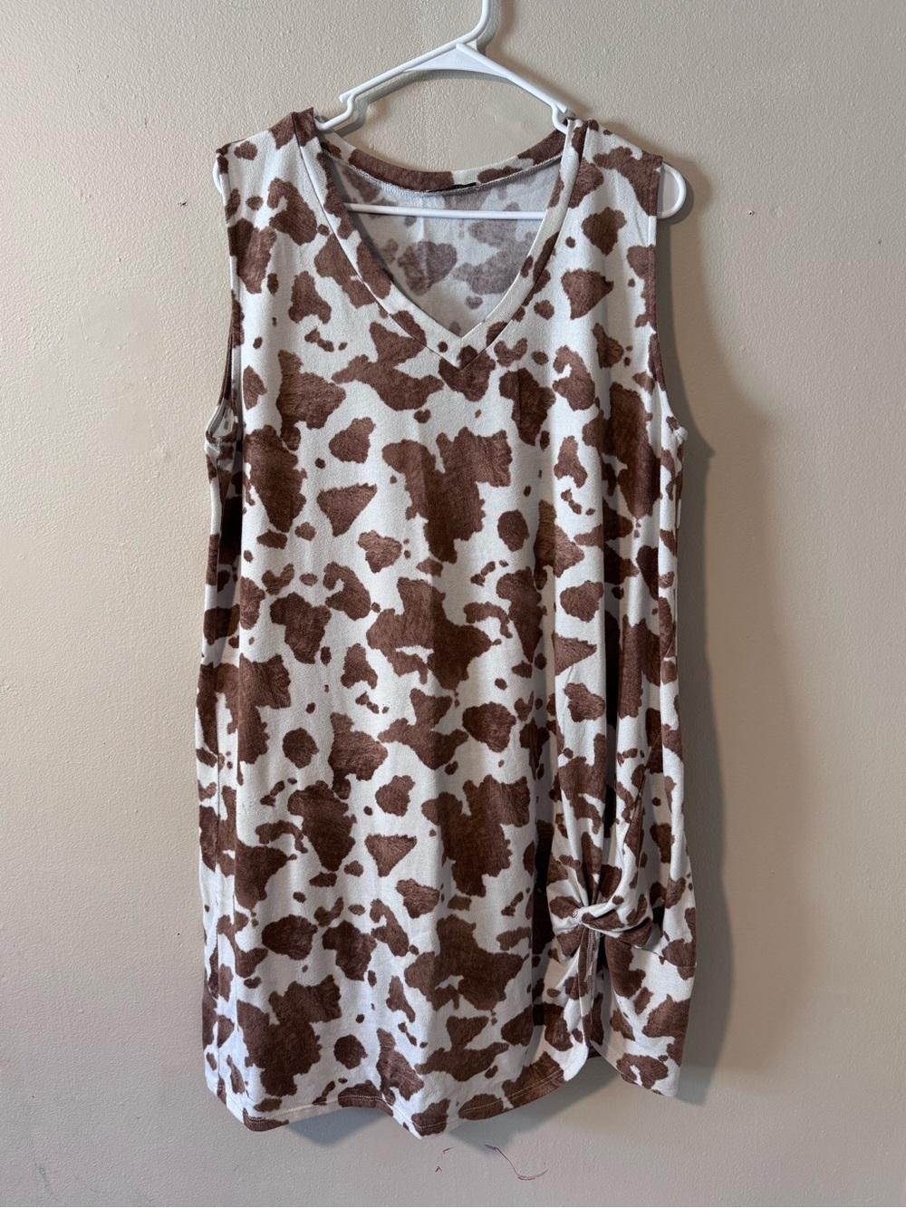 Sleeveless V-Neck Cow Print Tunic Tank Dress - Brown & Cream - Fits up to 2X